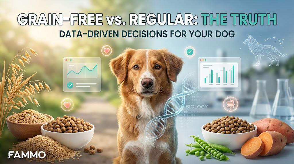 A professional comparison of Grain-Free vs. Regular dog food featuring a healthy dog, biological data charts, and DNA icons, under the FAMMO brand.i