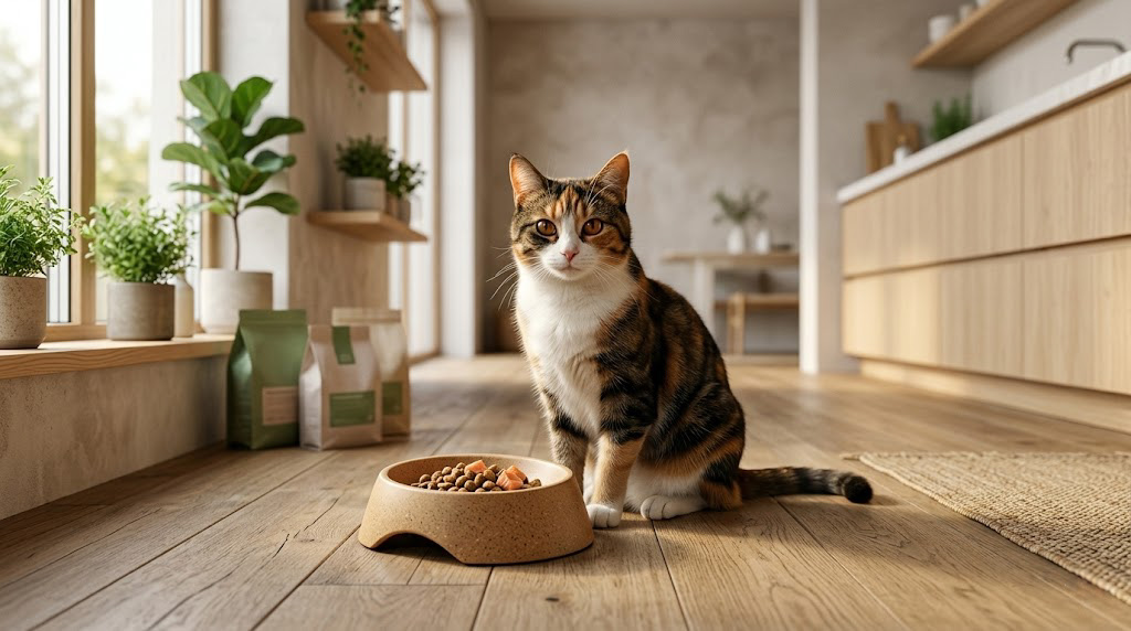 Healthy domestic cat beside an eco-friendly food bowl in a modern kitchen, representing sustainable cat food companies in Europe in 2026