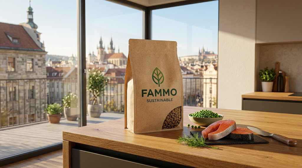 Eco-friendly cat food packaging in a modern European kitchen, representing sustainable pet nutrition trends in 2026.