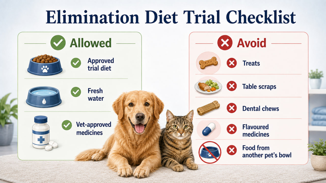 Checklist of foods allowed and avoided during an elimination diet trial for dogs and cats