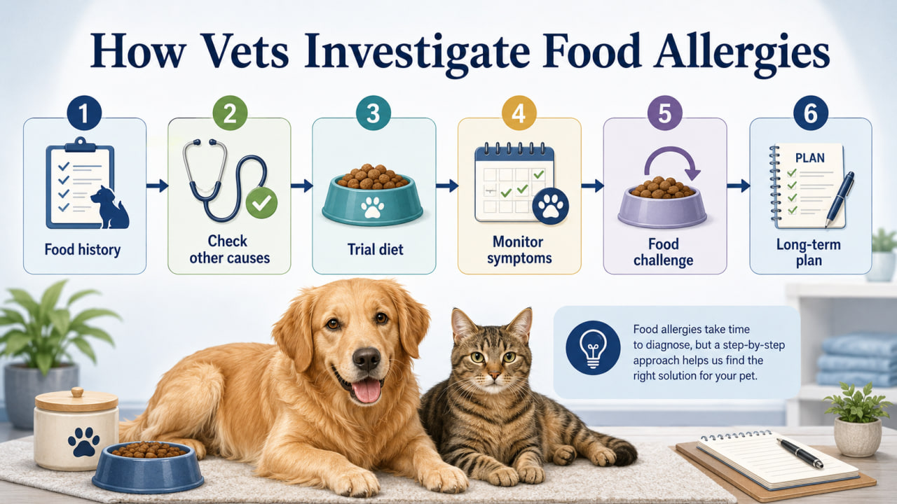 Six-step veterinary process for investigating food allergies in dogs and cats