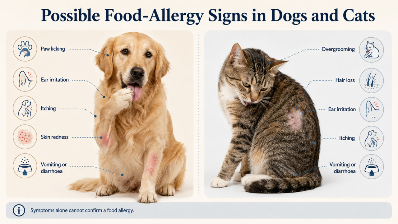 Possible food-allergy signs in dogs and cats, including paw licking, ear irritation, overgrooming and digestive upset