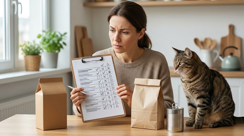 European cat owner comparing sustainable cat food options by nutrition, sourcing, packaging and transparency