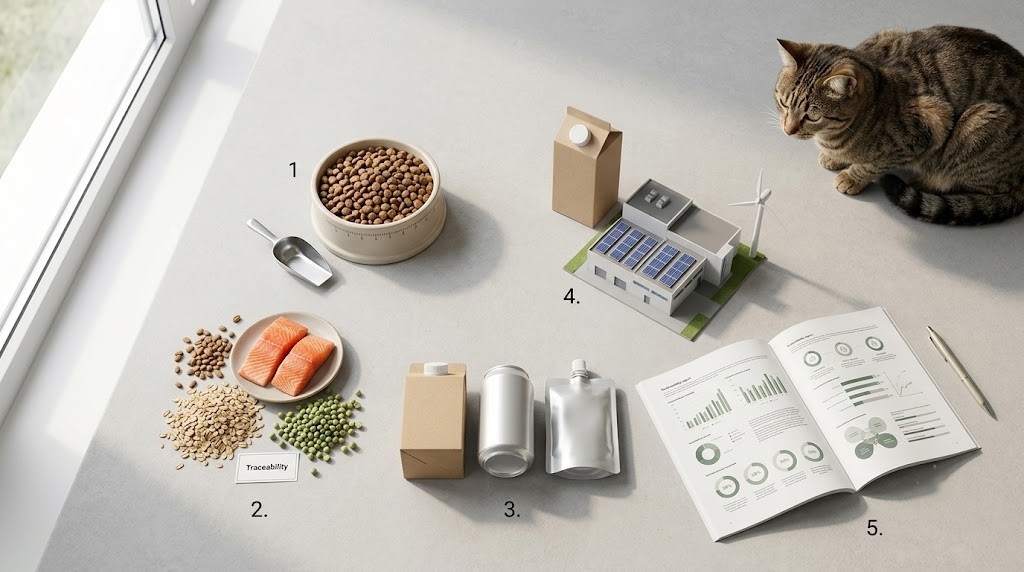 Five criteria for evaluating sustainable cat food brands: nutrition, sourcing, packaging, manufacturing and transparency