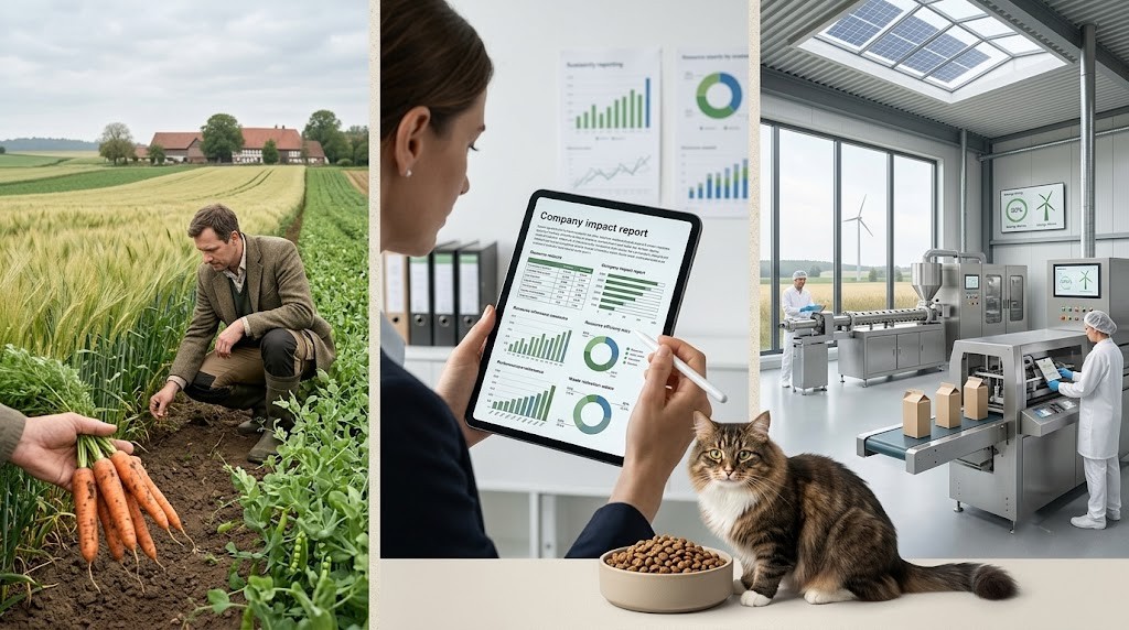Organic sourcing, impact reporting and renewable production represented as evidence for sustainable cat food brands