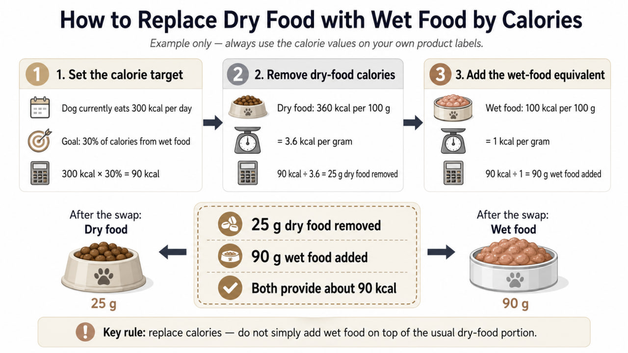 Infographic showing how to replace dry dog food with wet food by calories, including an example of removing 25 g of dry food and adding 90 g of wet food