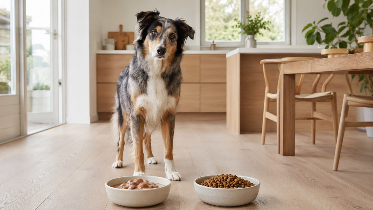 Dog standing behind bowls of wet dog food and dry kibble in a bright modern kitchen