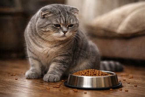 cat sitting next to a bowl of dry food and refusing to eat

