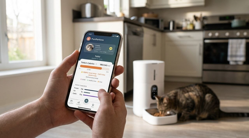 smartphone displaying AI pet nutrition app with cat eating in background