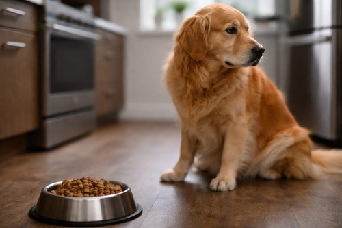 dog refusing to eat from a full food bowl