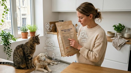Pet owner reviewing a pet food label with visual icons for nutrition expertise, manufacturing control, safety testing, and brand transparency.