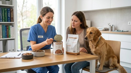 A veterinarian reviewing wet and dry dog food labels with a concerned dog owner during a nutrition consultation at a European veterinary clinic