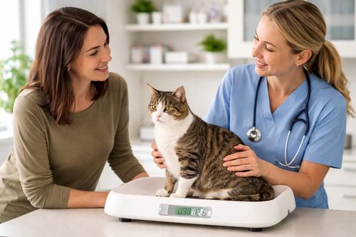 Veterinarian weighing a cat and discussing weight management
