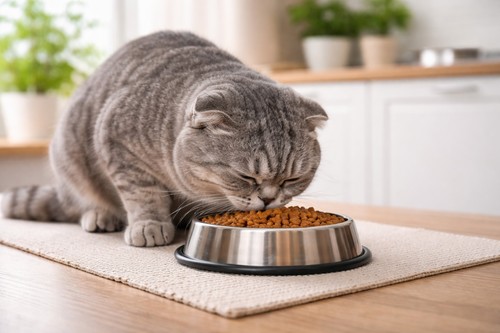 cat eating dry food from a bowl on a kitchen table
