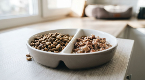 High quality dry and wet cat food in a modern bowl