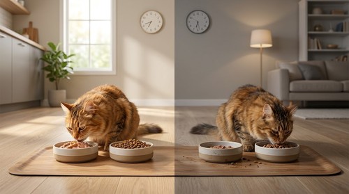 Indoor and outdoor cats eating wet and dry cat food from bowls