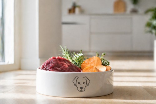 A white ceramic dog bowl filled with fresh venison and sweet potato, representing premium hypoallergenic dog food for allergies.