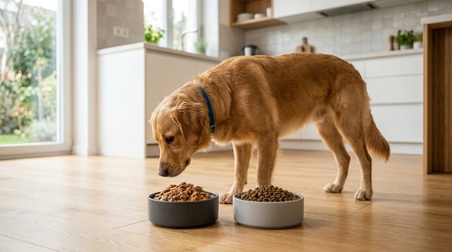 A dog choosing between a bowl of wet food and a bowl of dry kibble placed side by side on a kitchen floor