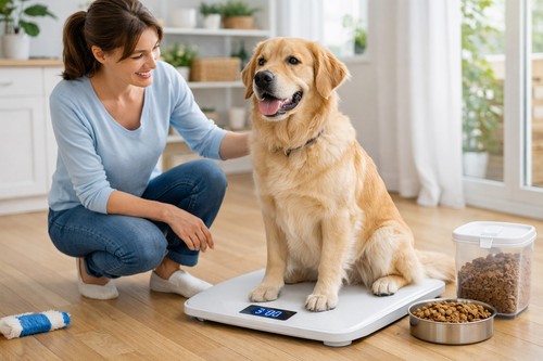 Woman weighing a golden retriever on a digital scale at home while monitoring the dog’s diet and health.
