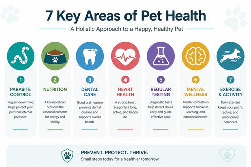 A clean, modern infographic titled "7 Key Areas of Pet Health" showing seven colorful icons representing parasite control, nutrition, dental care, heart health, regular testing, mental wellness, and exercise, with brief descriptions under each, designed in a professional, friendly medical style.