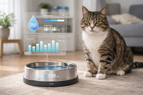 A tabby cat sits next to a smart water bowl featuring a digital interface tracking daily hydration data.
