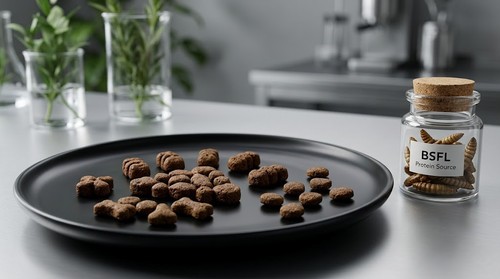 Sustainable insect-based cat food kibble featuring Black Soldier Fly Larvae, a high-protein eco-friendly alternative for 2026.
