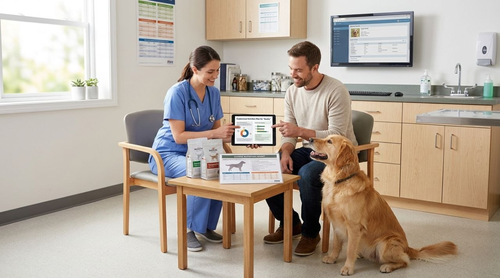 veterinarian consulting with pet owner about AI-generated nutrition plan