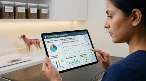 veterinary nutritionist analyzing AI-generated pet nutrition data on digital tablet