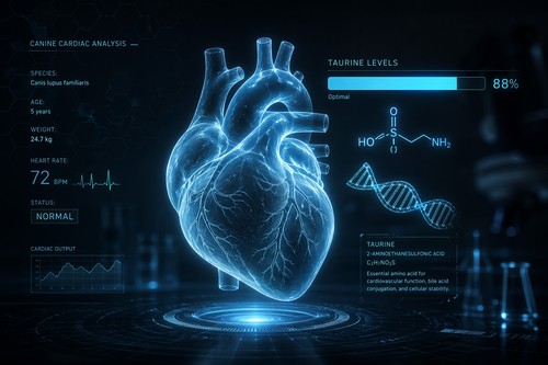 A conceptual AI visualization of a dog's heart health, taurine levels, and nutritional data analysis for DCM prevention.