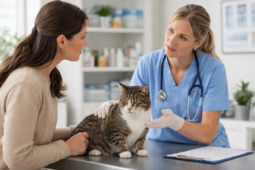 A veterinarian in blue scrubs examines a tabby cat on a clinic table while talking to the concerned female owner.