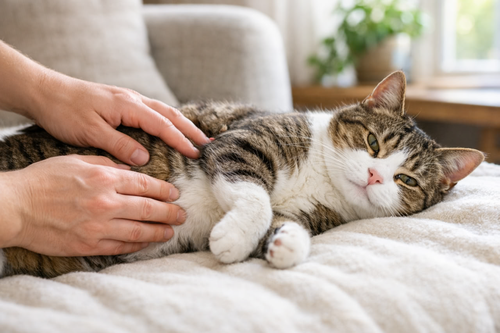 Pet owner checking a cat’s ribs at home to assess body condition