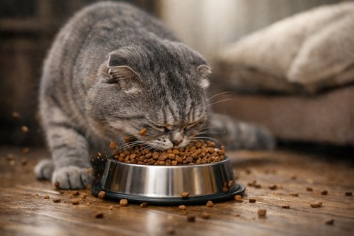 cat eating dry food from a bowl on the floor at home