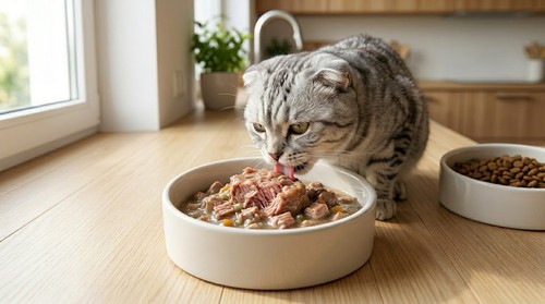 Cat eating wet cat food from a bowl with dry kibble bowl nearby on a kitchen counter
