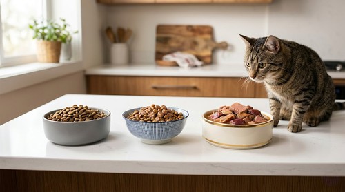 Three tiers of cat food compared side by side — budget, mid-tier, and premium