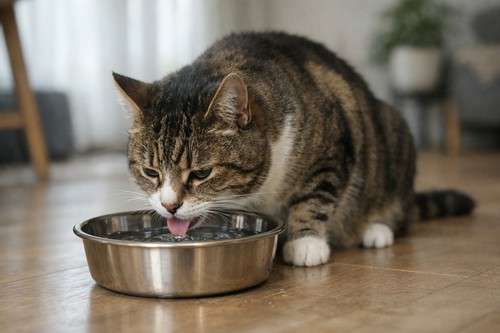 A realistic photo of a domestic cat drinking water from a metal bowl on a wooden floor in a modern home setting, with soft natural light and a calm atmosphere.(image.jpg)