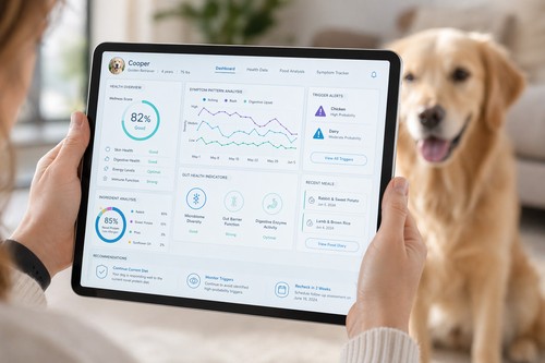 A digital interface showing a dog's health data, ingredient analysis, and symptom patterns on a futuristic tablet.