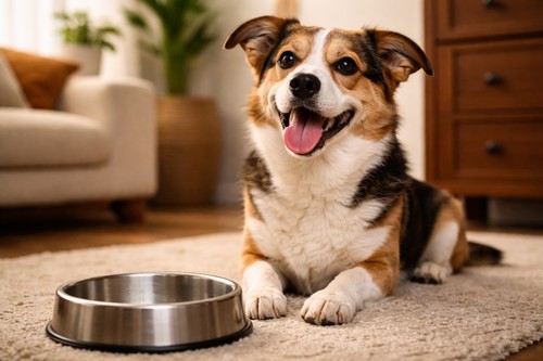 satisfied dog sitting beside an empty food bowl after eating