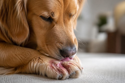 Close up of a dog licking its paw obsessively, showing signs of redness and irritation due to food-based allergens.