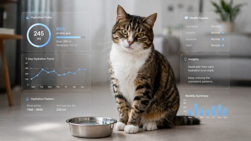 A tabby cat beside a water bowl with a digital dashboard showing hydration trends and daily health signals.