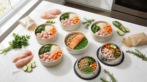 variety of fresh personalized pet food ingredients arranged in bowls