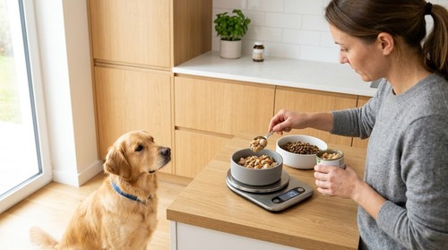 A dog owner using a kitchen scale to measure precise portions of wet and dry dog food for accurate daily feeding