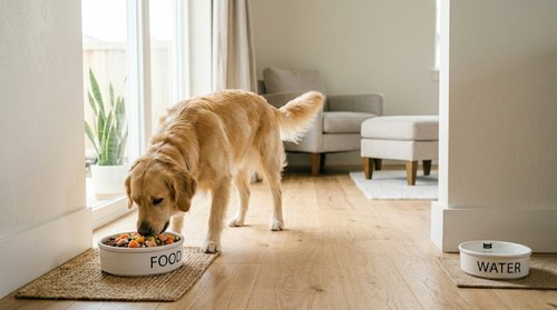Golden retriever eating healthy dog food from a bowl at home with a separate water bowl nearby