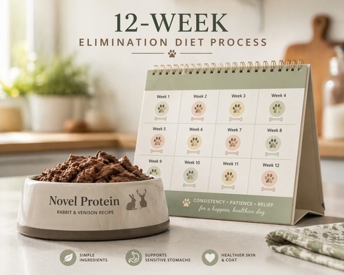 A clean infographic-style image showing a dog bowl next to a calendar, representing the 12-week elimination diet process for pets.