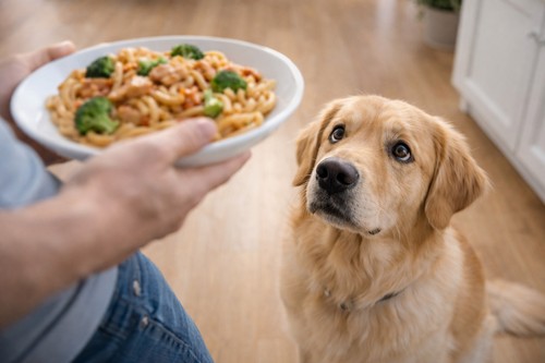 Golden retriever looking at a plate of human food, illustrating that dogs should not eat human meals that may be unsafe for them.