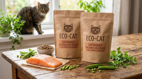 Eco-friendly cat food packaging with fresh ingredients