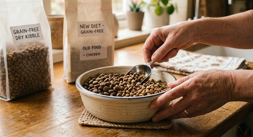 Cat owner gradually transitioning cat to grain-free food by mixing old and new food in a bowl