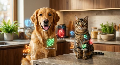 A healthy dog and cat with futuristic glowing data icons around their bodies representing optimized health systems like digestion, immunity, and energy, illustrating the profound impact of balanced pet nutrition.