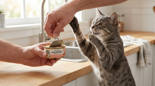 Owner opening a tin of wet cat food for an eager tabby cat