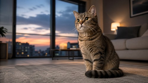 A cat in a modern home showing early signs of hairball discomfort.