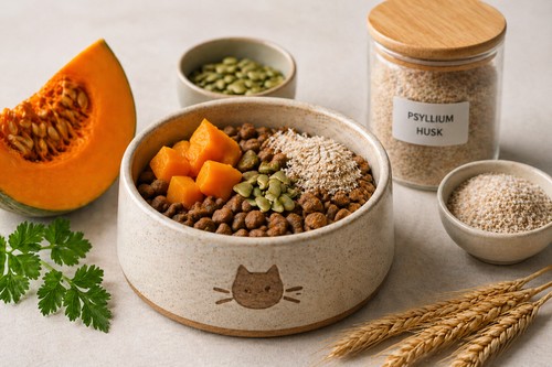Fiber-rich cat diet to prevent hairballs naturally.
